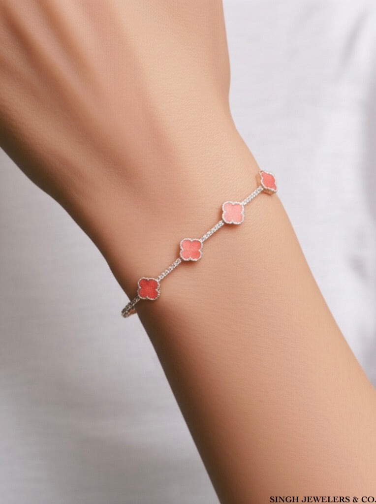 Sterling silver pink clover moissanite bracelet 8 inch