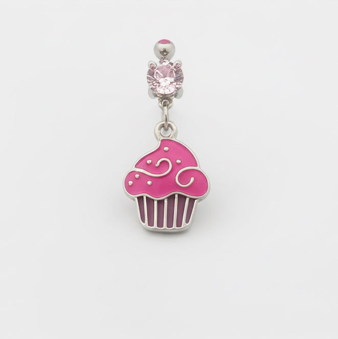 Pink cupcake belly button ring made of 316L surgical stainless steel, 14G