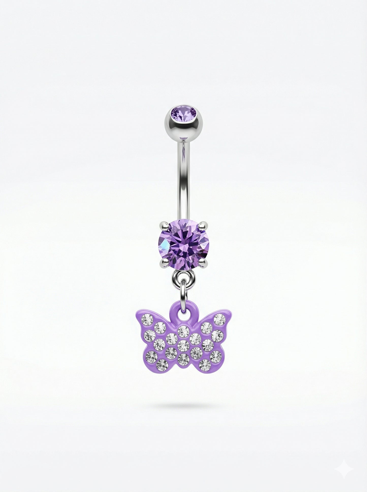 Purple butterfly belly button ring on a white background
