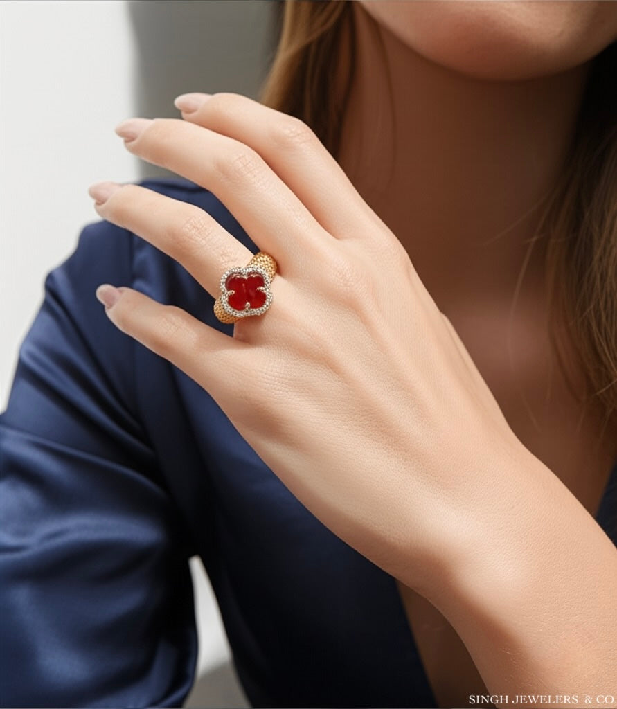Model wearing 14K Yellow Gold Red Clover CZ Ring