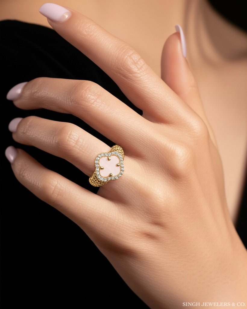 Woman wearing 14K Gold White Clover CZ Ring