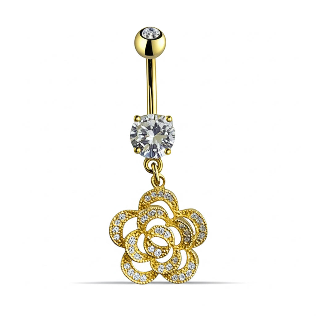 316L Surgical Steel Rose Belly Button Ring with White Sapphires – Hypoallergenic Piercing Jewelry