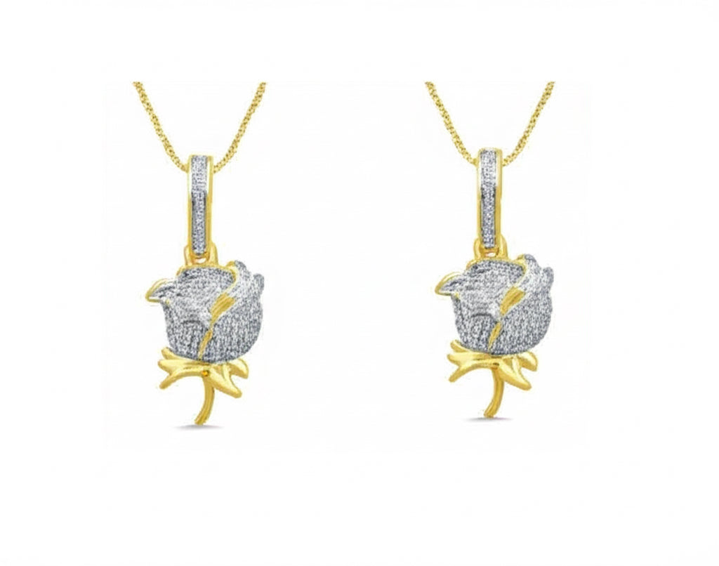 Diamond rose charm necklace styled with layered 10K gold chains