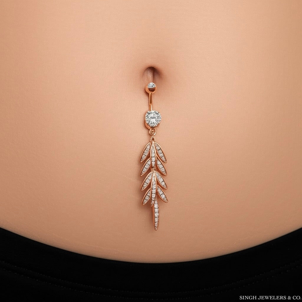 Hypoallergenic Rose Gold CZ Dangle Belly Button Ring – 14g Surgical Steel for Sensitive Skin