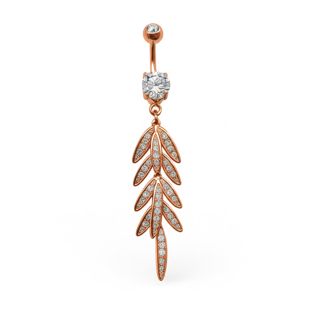 Rose Gold Dangle CZ Belly Button Ring, 14g Surgical Steel, Hypoallergenic Body Jewelry