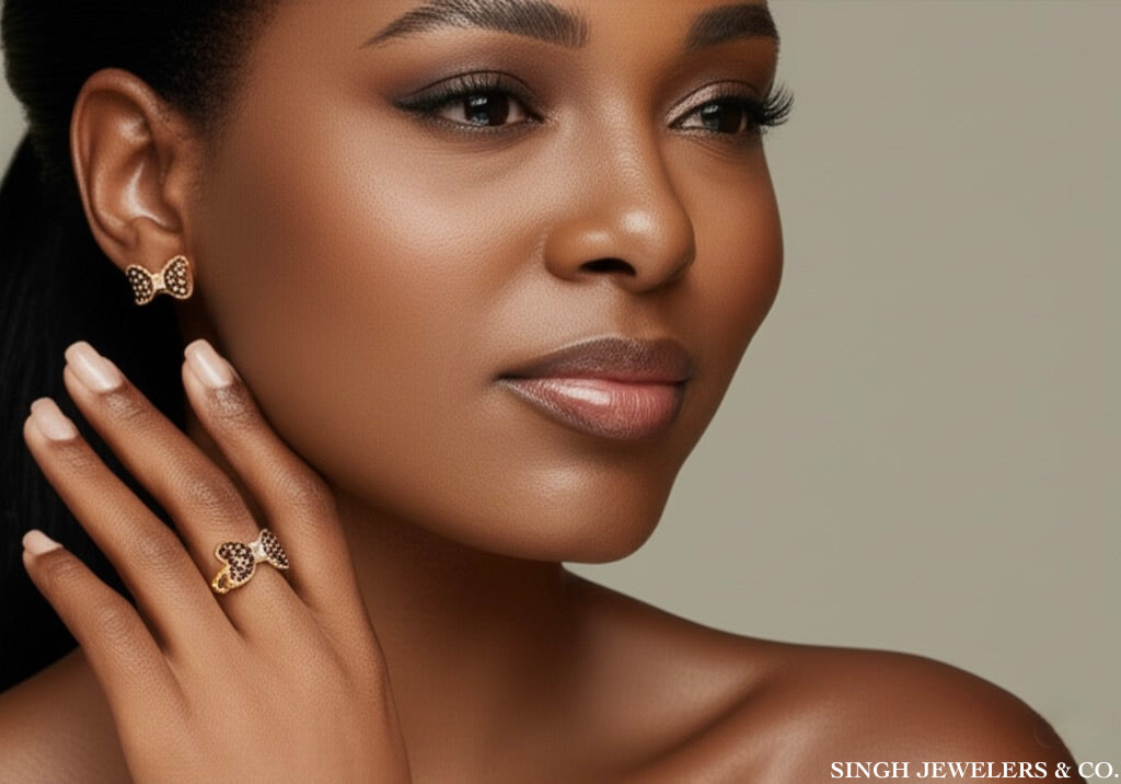 Woman wearing jewelry with Singh Jewelers & Co. branding