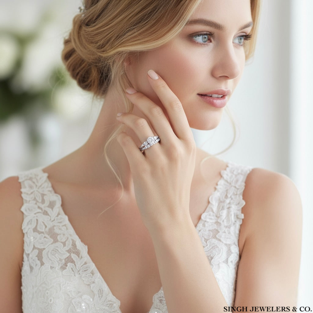 Woman wearing a diamond ring with a blurred background, featuring Singh Jewelers & Co.