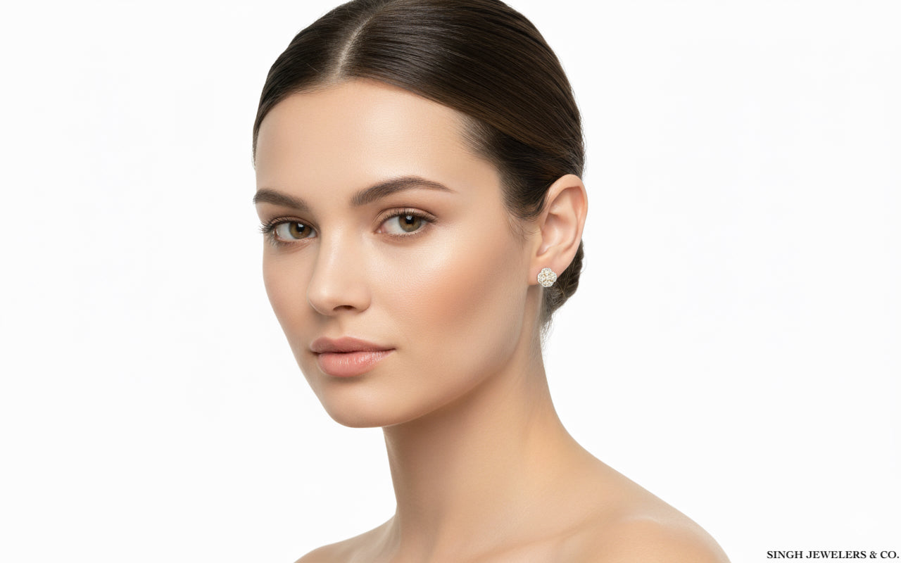 Woman wearing a diamond earring on a white background