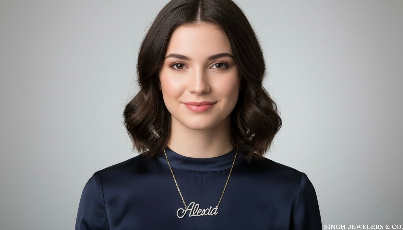 Woman wearing a necklace with 'Alexia' on a gray background, featuring Singh Jewelers & Co.