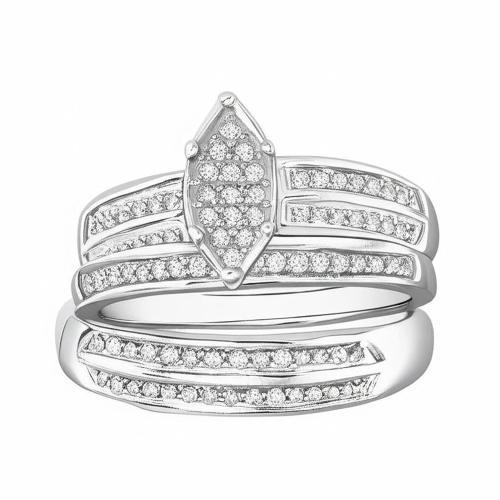 Silver ring with diamond accents on a white background