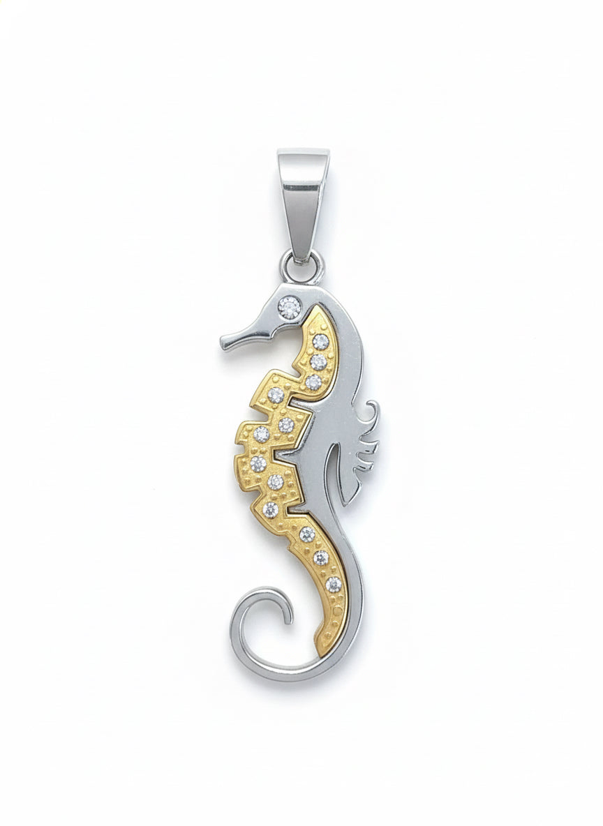 Stainless steel two-tone seahorse charm with white sapphires