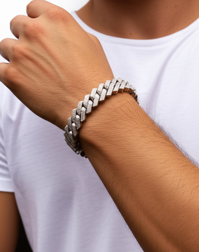 Sterling Silver 10mm Moissanite Cuban Link Bracelet, 8 Inch, worn on model's hand, men's iced out jewelry