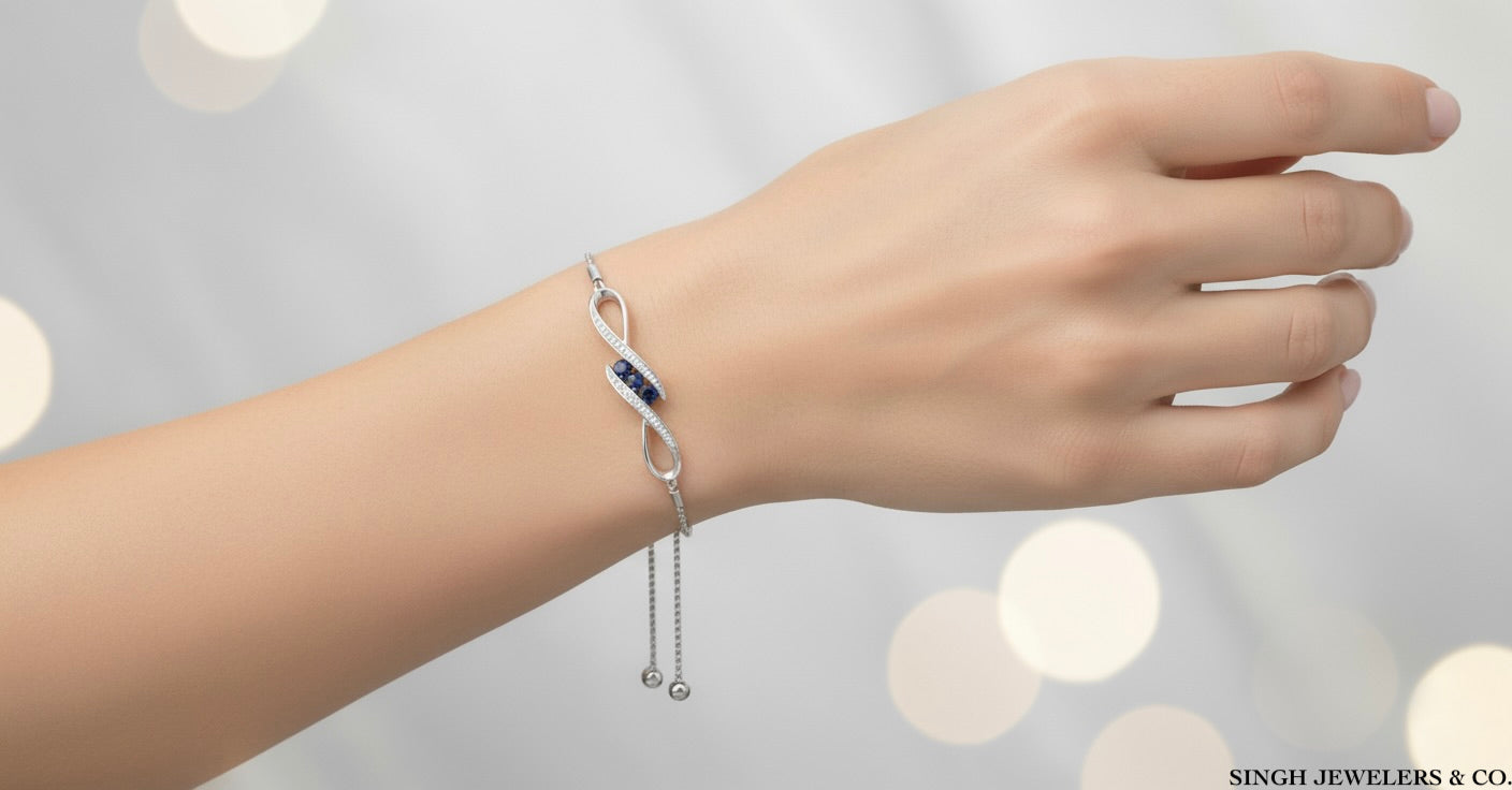 Sterling silver bolo bracelet with 1/2 CTTW synthetic blue sapphires