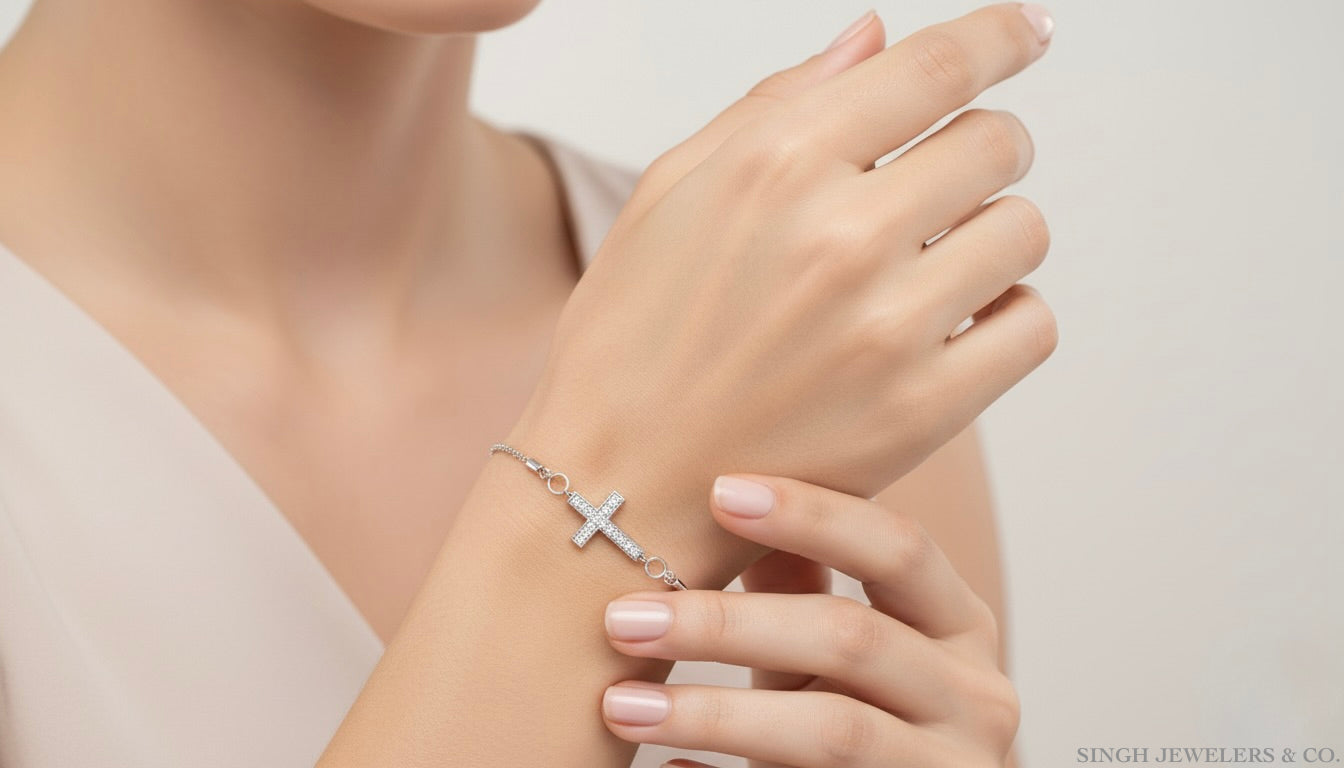 Sterling silver cross bolo bracelet with 1/20 CTTW round diamonds