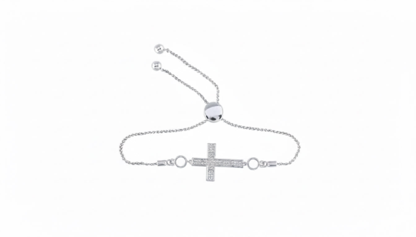 Sterling silver cross bolo bracelet with 1/20 CTTW round diamonds