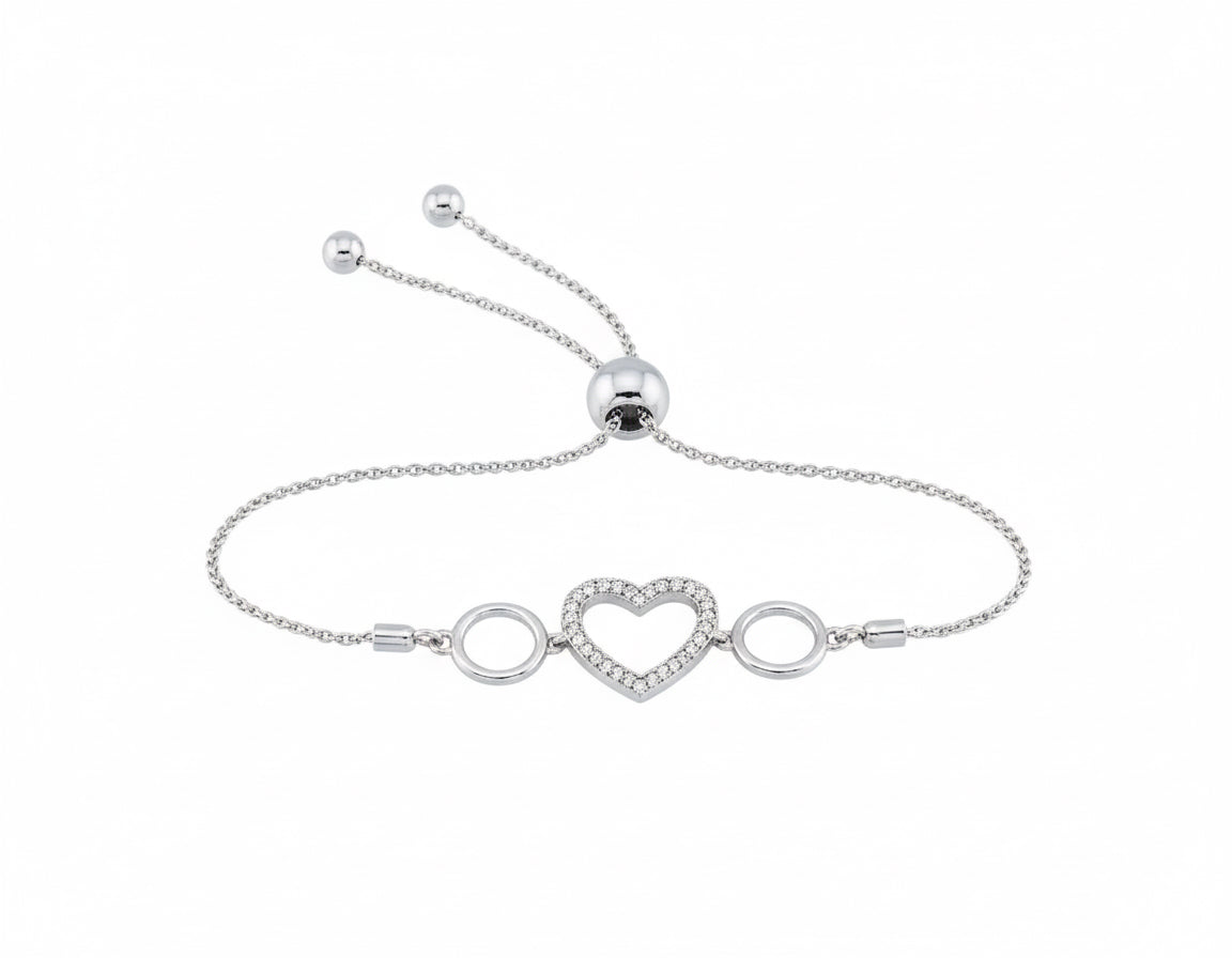Sterling silver heart bolo bracelet with 1/20 CTTW round diamonds