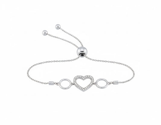 Sterling silver heart bolo bracelet with 1/20 CTTW round diamonds