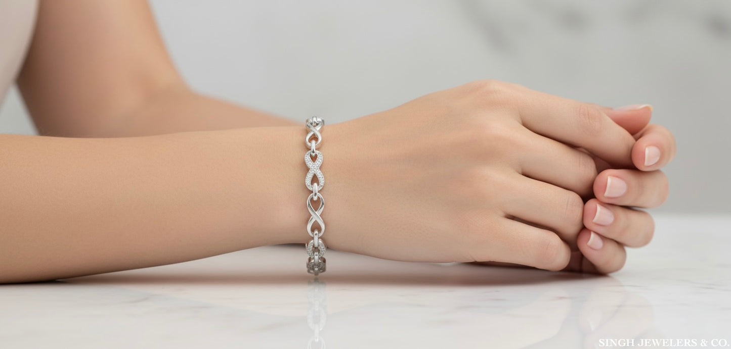 Silver bracelet on a person's wrist with a plain background