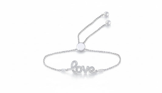 Sterling silver LOVE bolo bracelet with round diamonds and adjustable