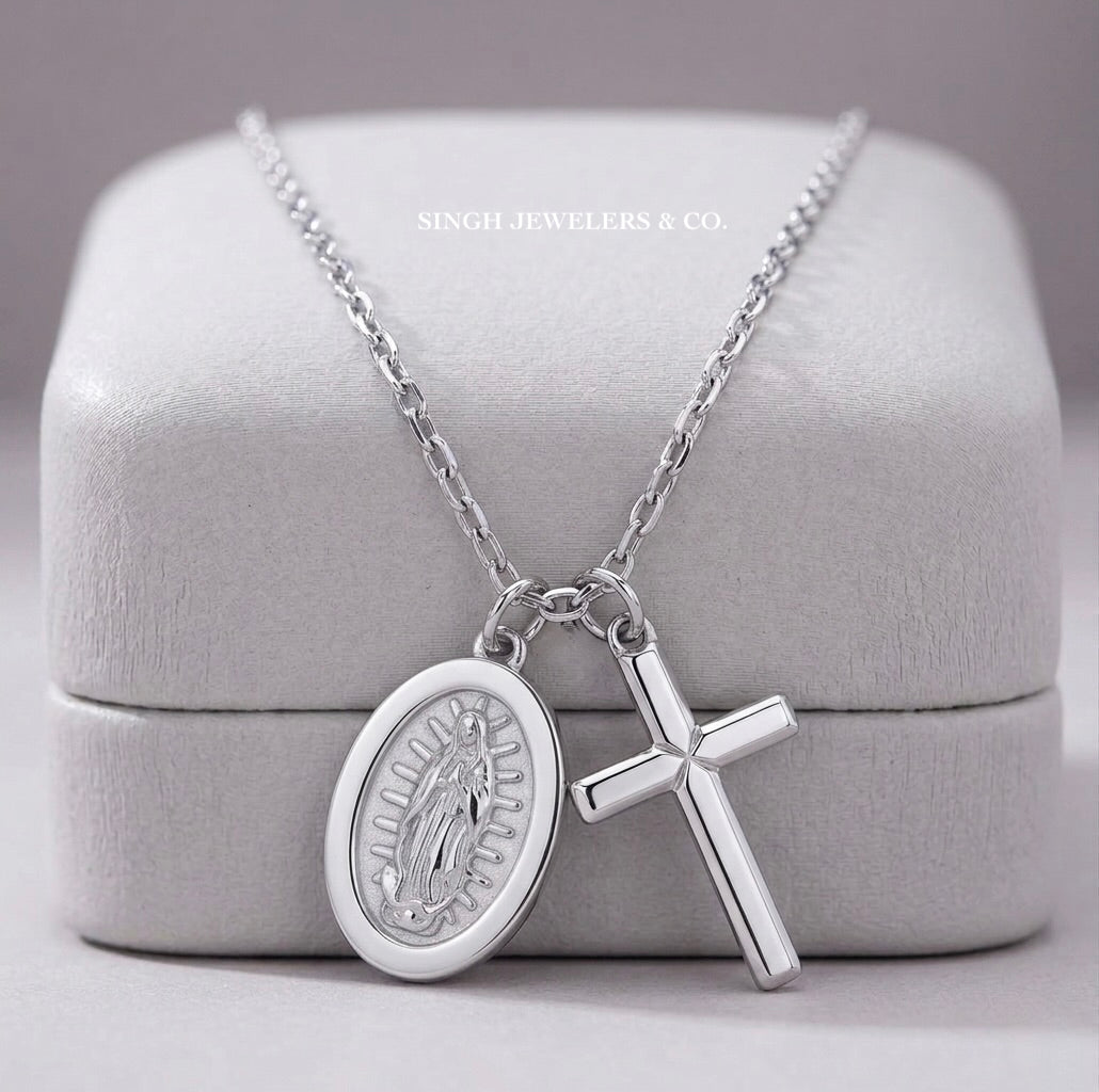 925 sterling silver Guadalupe and cross necklace presented as a religious gift