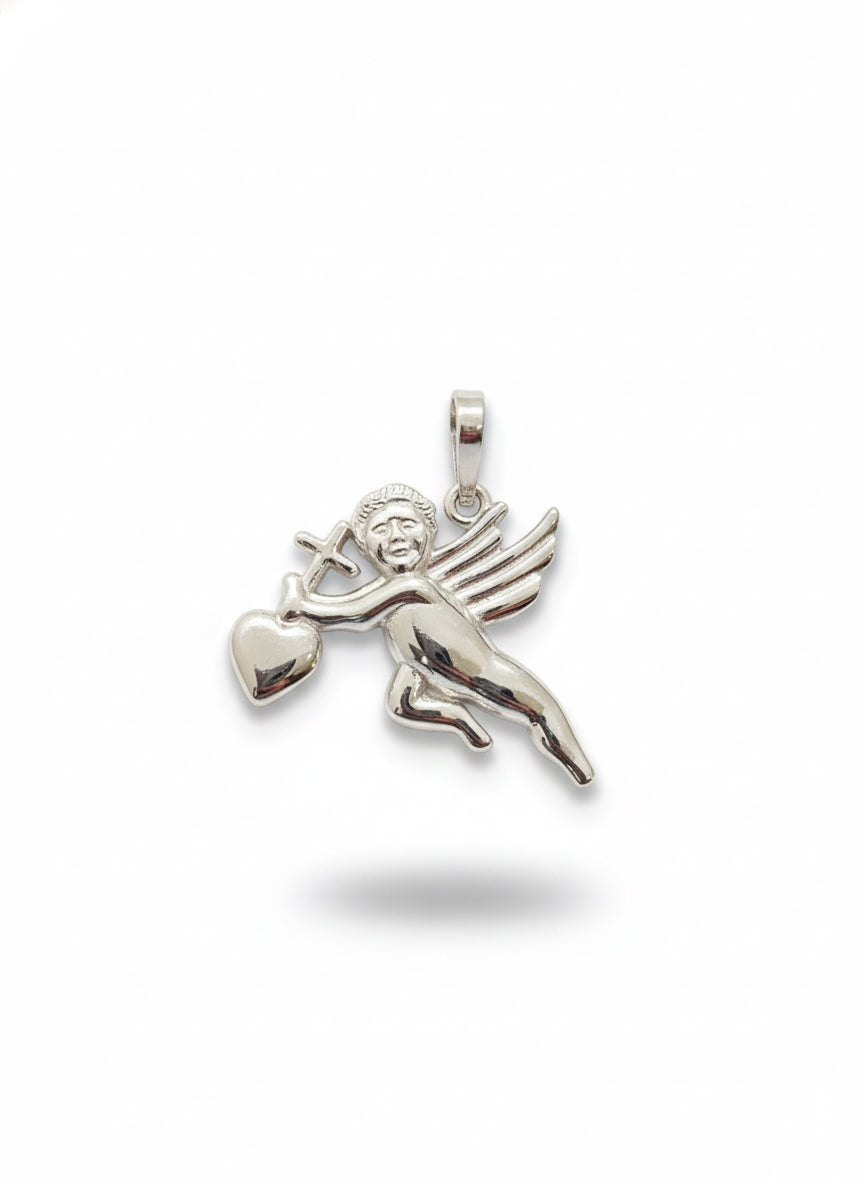 Sterling silver heart cross cupid charm symbolizing love and faith
