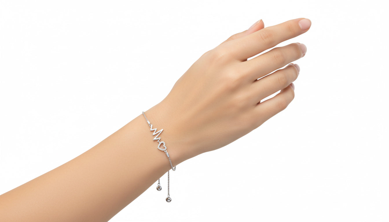 Sterling silver heartbeat and heart bolo bracelet with 1/8 CTTW diamonds
