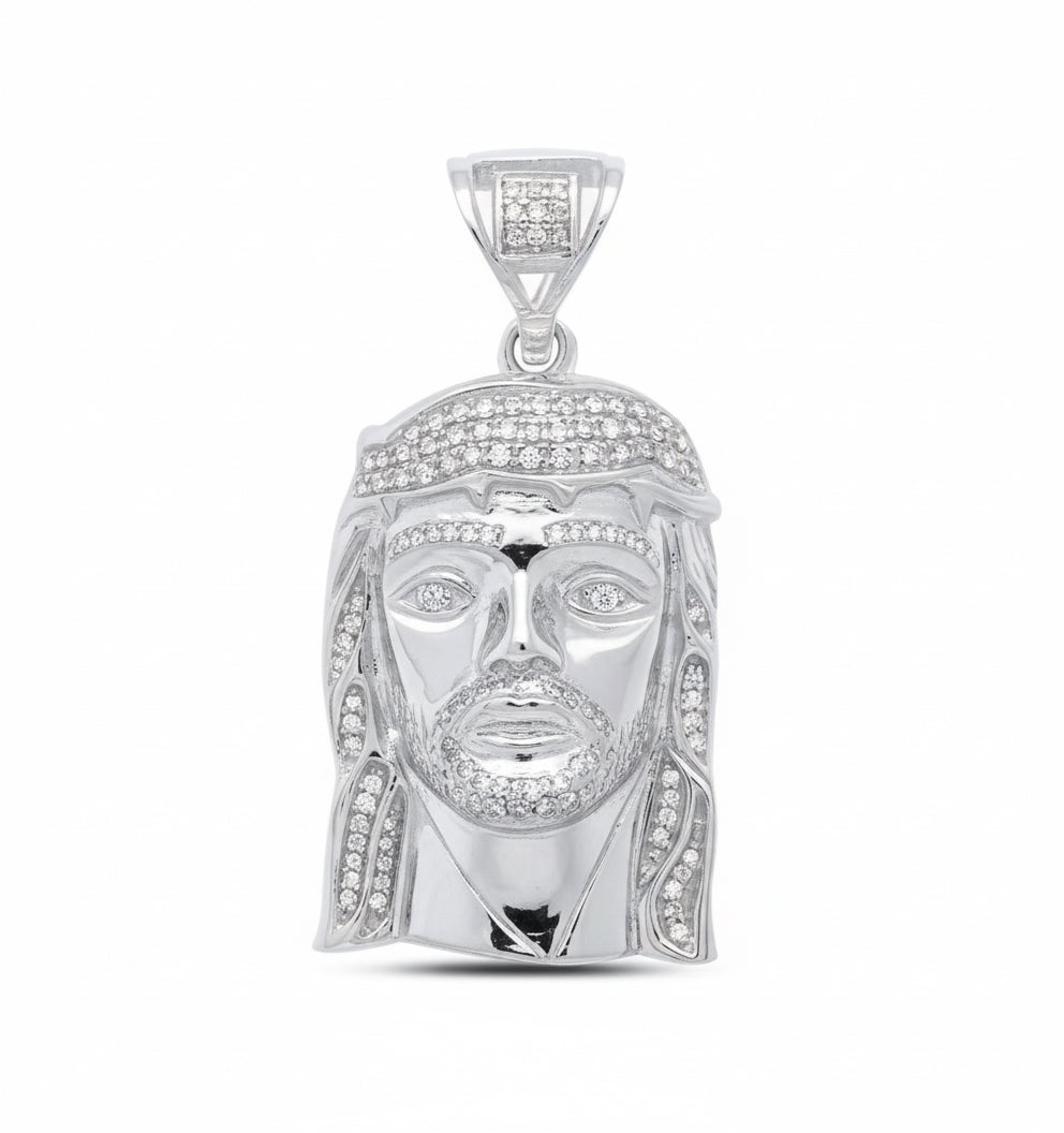Sterling silver Jesus face charm pendant with diamond accents, 1/4 carats