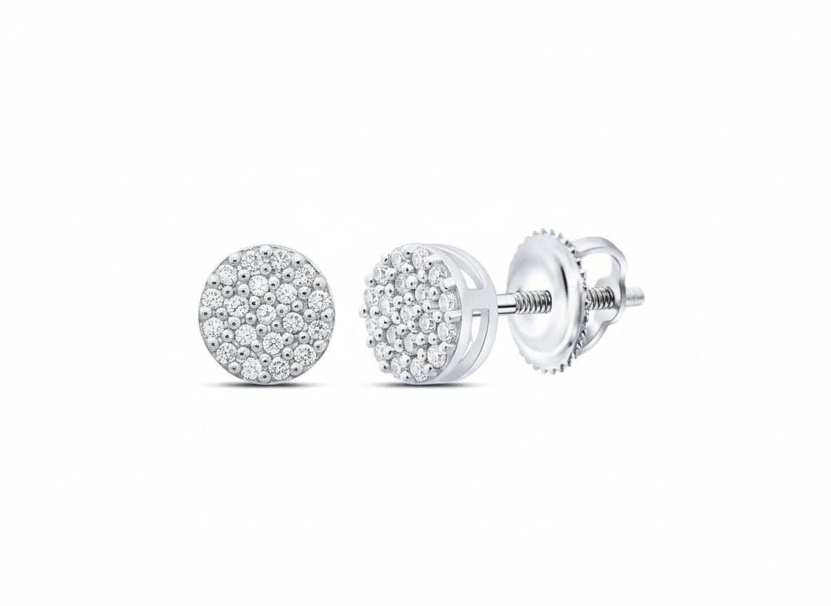 Pair of silver stud earrings with clear gemstones on a white background