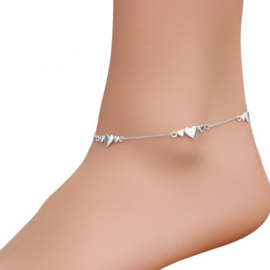 Sterling Silver Moon Cut Hearts Anklet, 9 inches with 1-inch extension
