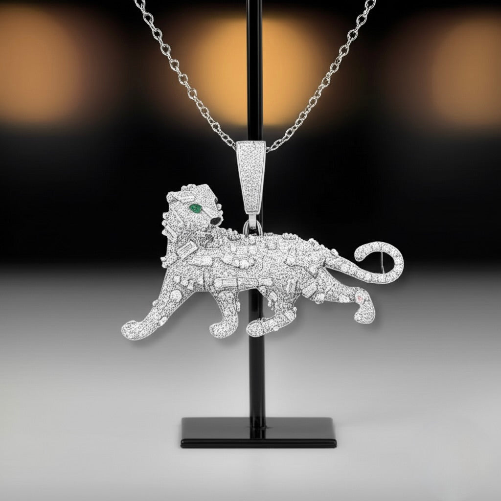 Front view of sterling silver panther pendant with 4.87 carat moissanite