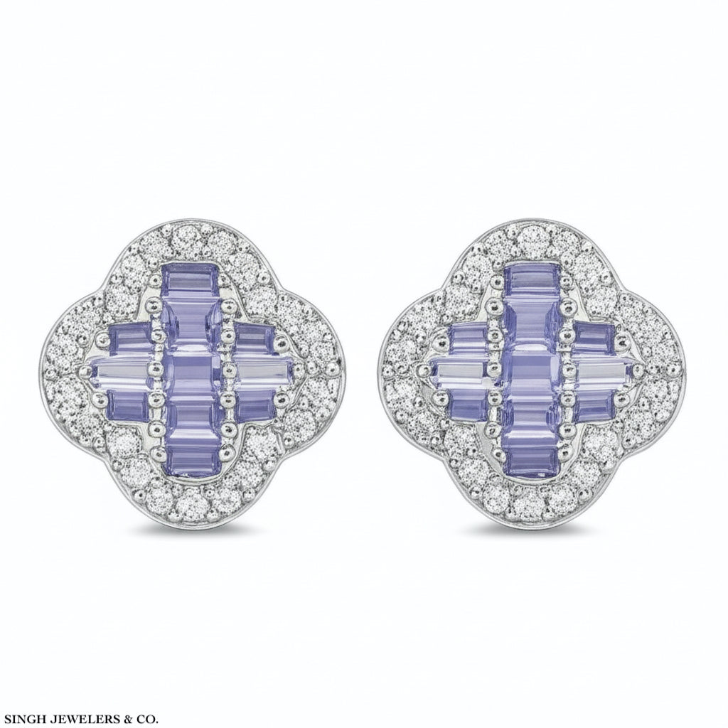 Sterling silver clover earrings with 0.37 ct purple and white moissanite