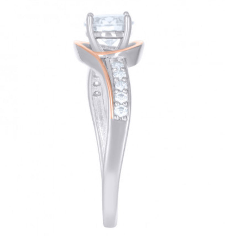 Sterling Silver Rose Tone Bypass Ring with White Sapphires – Size 6