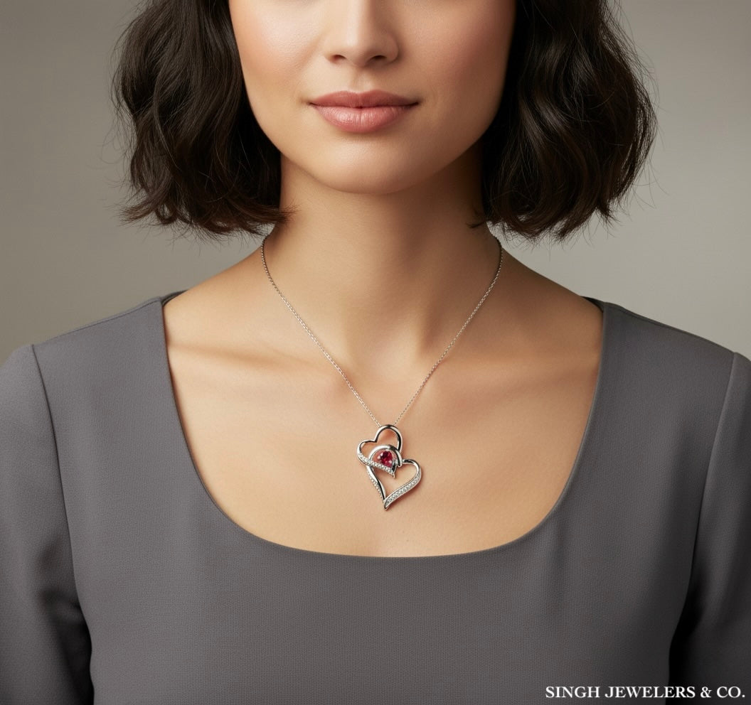 Woman wearing a silver necklace with a heart-shaped pendant against a neutral background