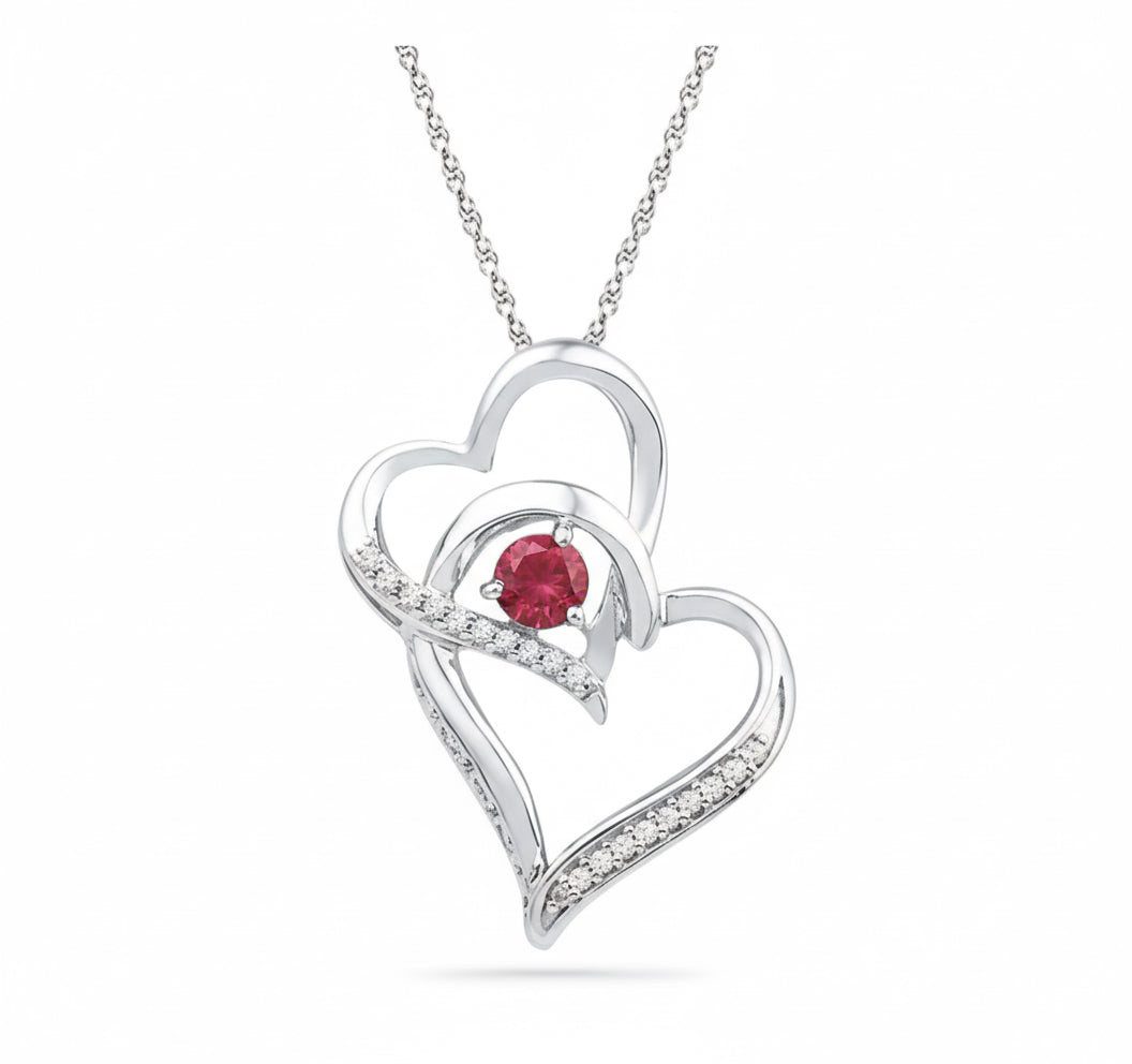 Sterling silver double heart pendant with round lab-grown rubies – 0.33 CTTW