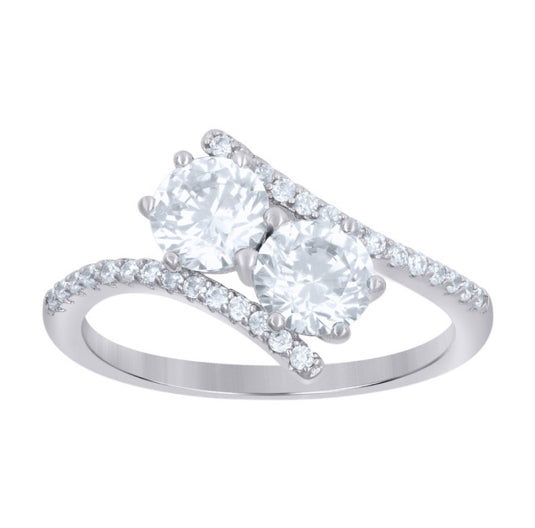 Sterling silver bypass ring with white sapphires front view