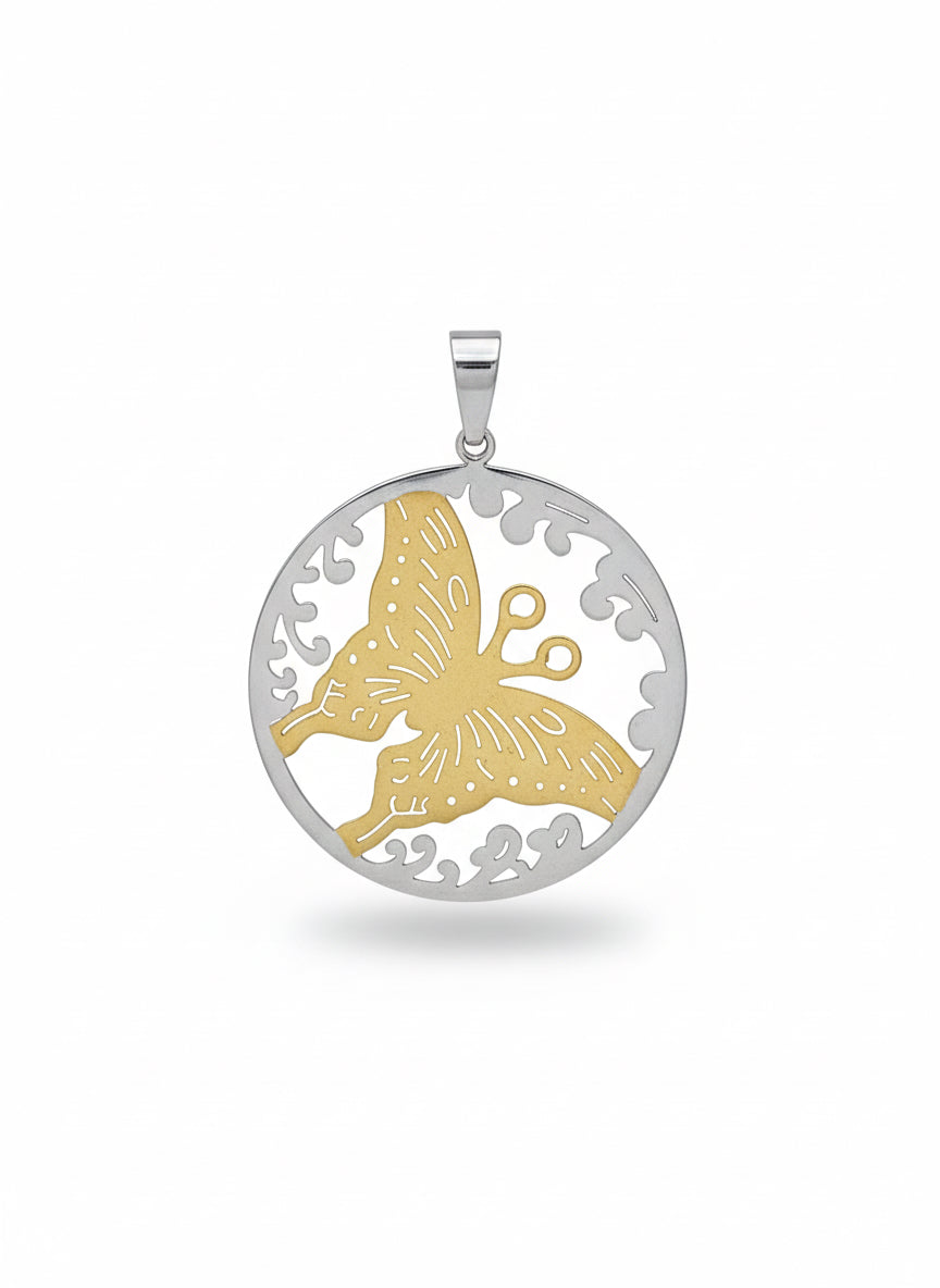 Two-tone butterfly pendant jewelry close-up