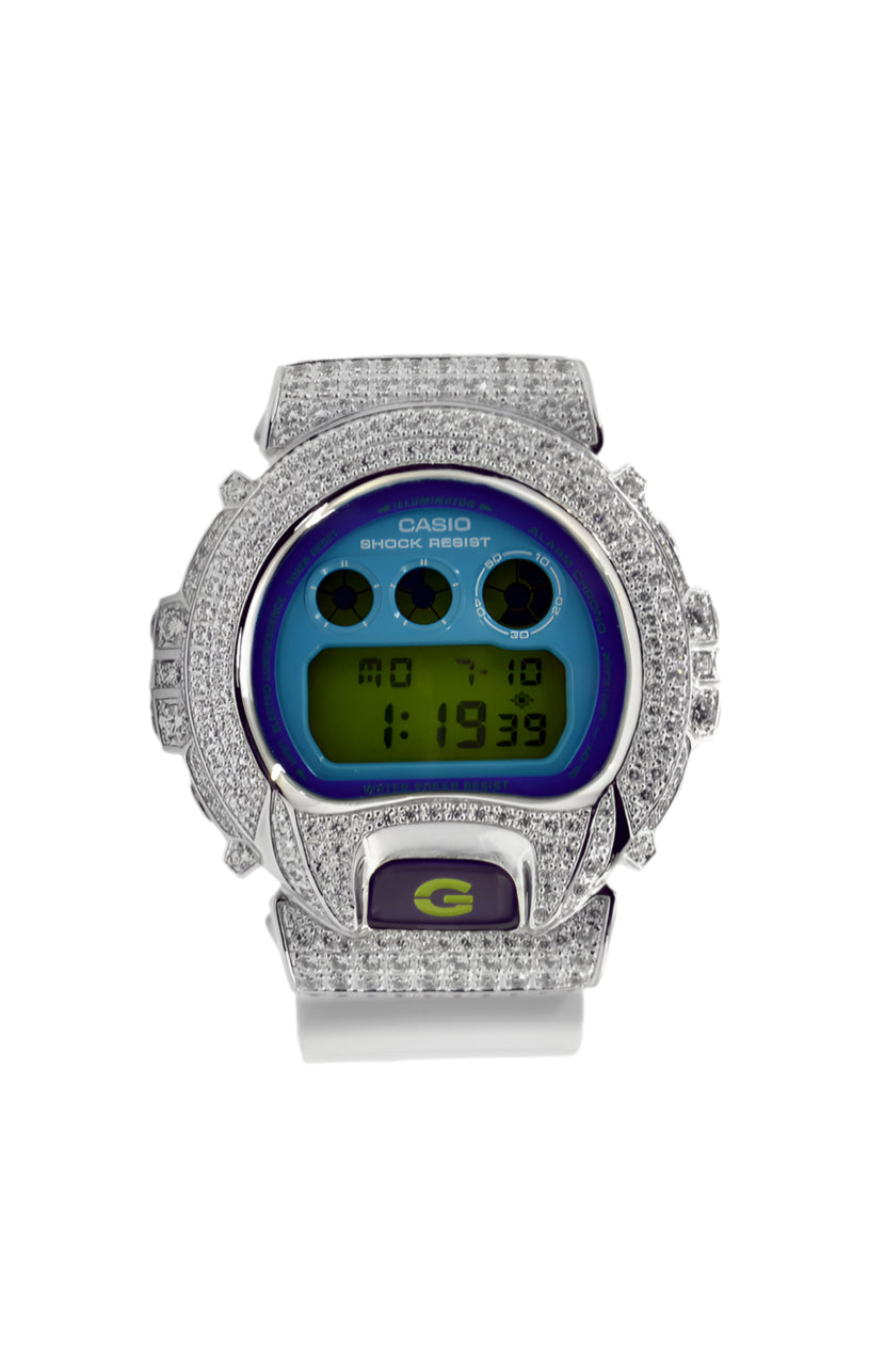 Custom white Casio G-Shock watch iced out with VVS moissanite stones