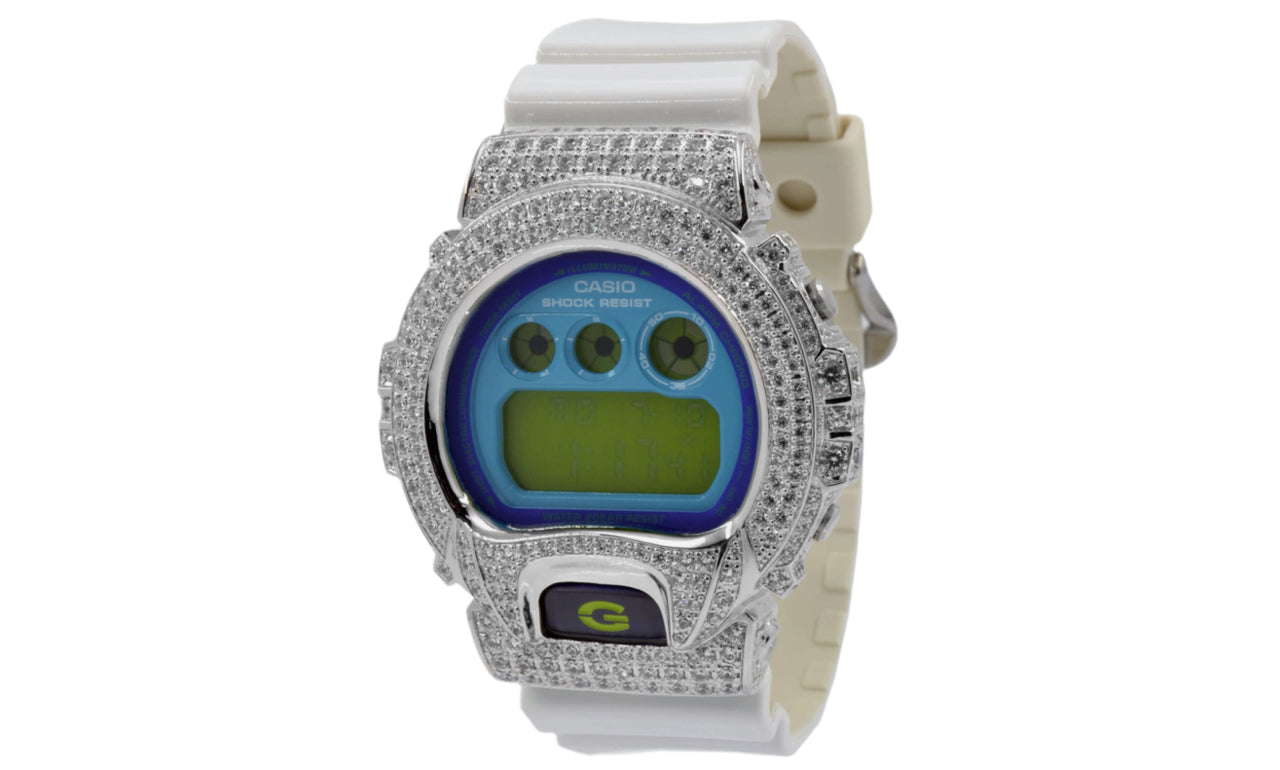 Custom white Casio G-Shock watch iced out with VVS moissanite stones