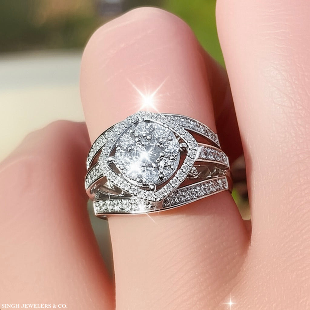 10K White Gold Halo Engagement Ring – 1 Carat Total Diamond Weight