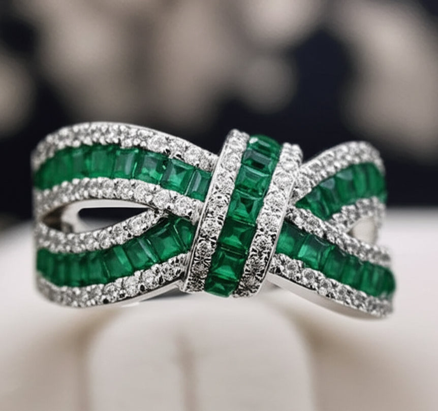 Sterling Silver Bow Ring with White Sapphires & Green Stones