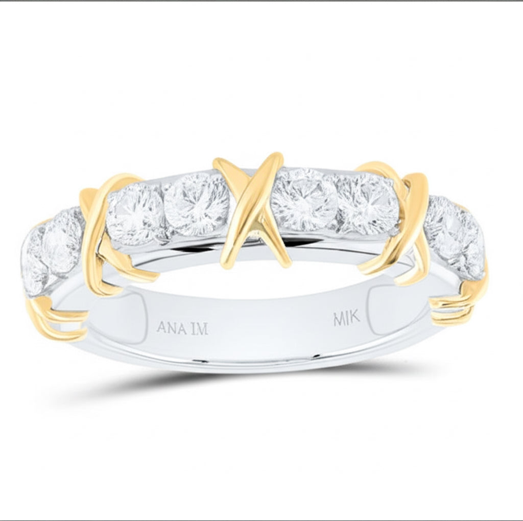 Two diamond rings with gold and silver bands on a white background