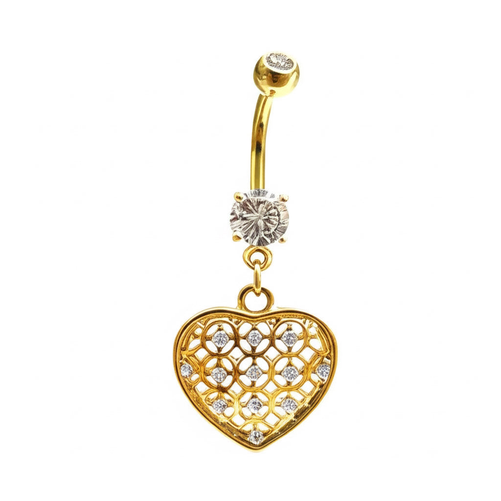 Yellow gold dangle belly button ring with cubic zirconia crystal made from 316L surgical stainless steel