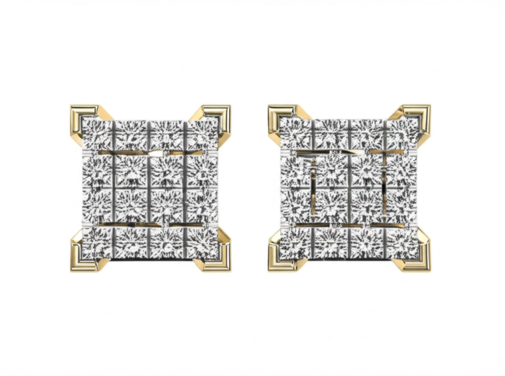 Pair of diamond earrings with gold accents on a white background