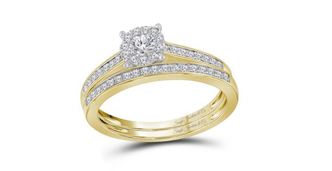 14K Slender Halo Round Diamond Bridal Wedding Set