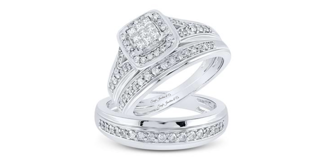 10K Princess Cut Square Halo Diamond Trio Set