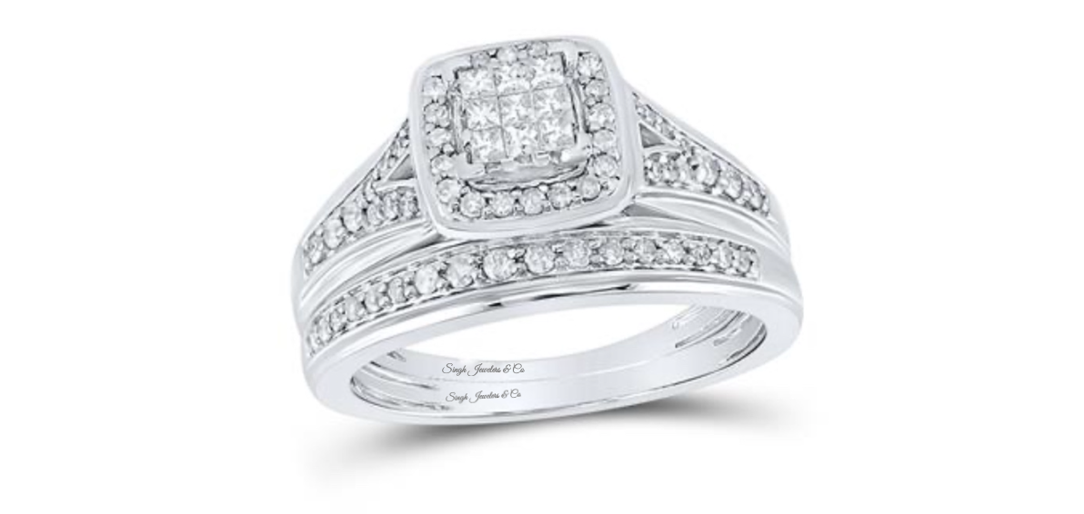 10K Princess Cut Square Halo Diamond Trio Set