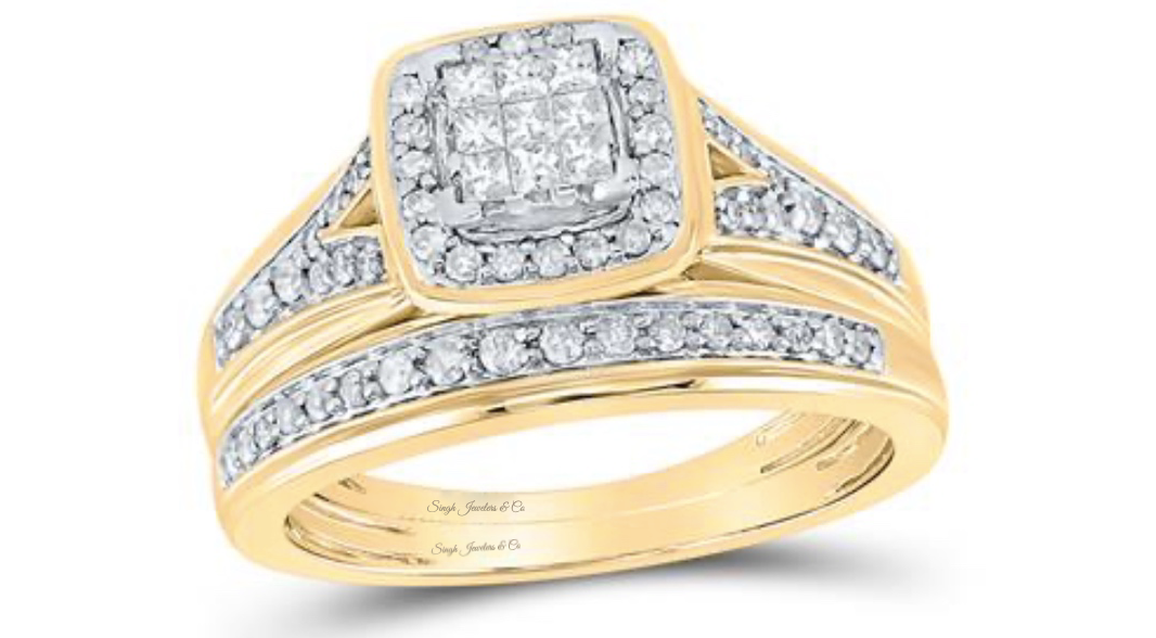 10K Princess Cut Square Halo Diamond Trio Set