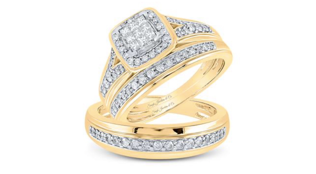 10K Princess Cut Square Halo Diamond Trio Set