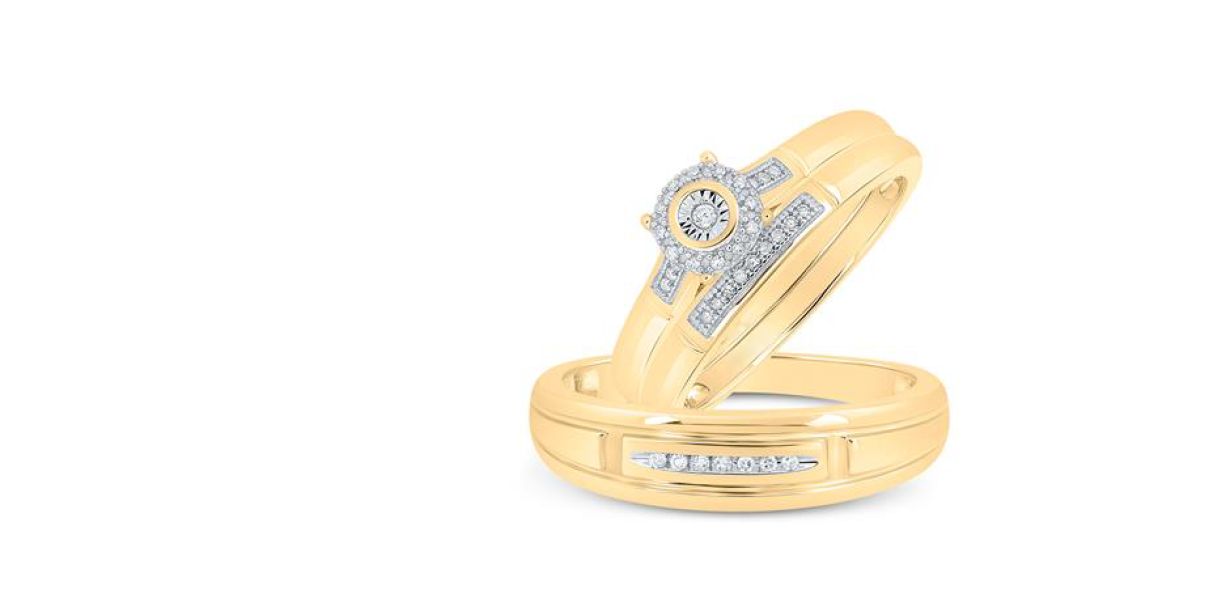 10K yellow gold halo diamond trio bridal ring set – 1/10 Ct