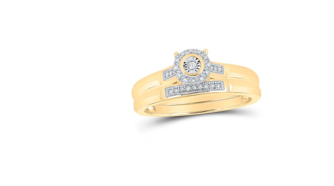 10K yellow gold halo diamond trio bridal ring set – 1/10 Ct